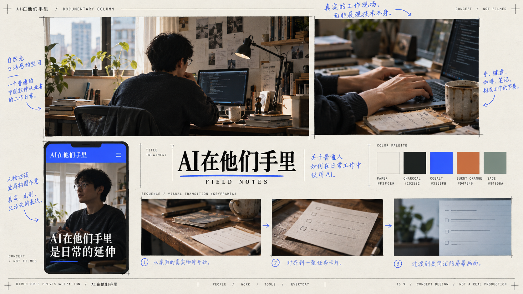 原创情绪板，含采访构图、工作特写、色彩字体、身份条、字幕与转场关键帧